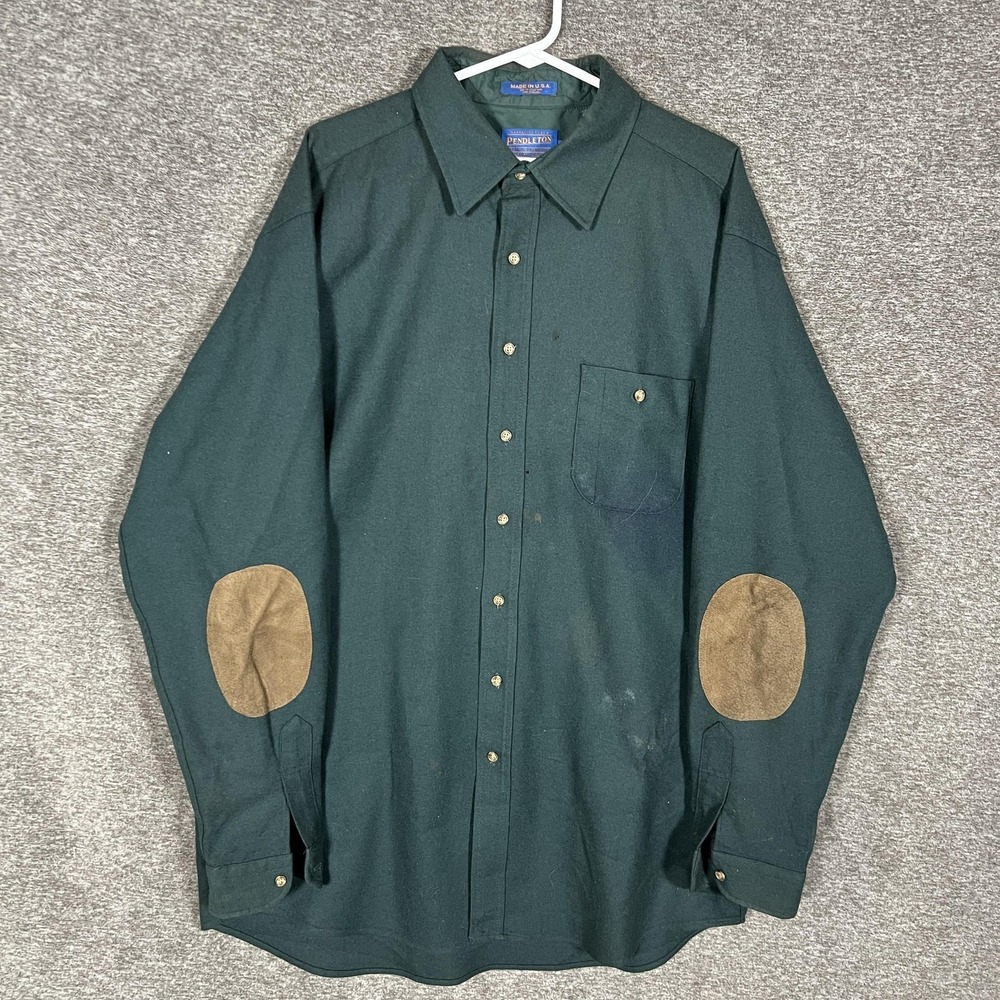 Vintage Pendleton Shirt Mens Medium Tall Green Wool‎ Elbow Patches Made USA